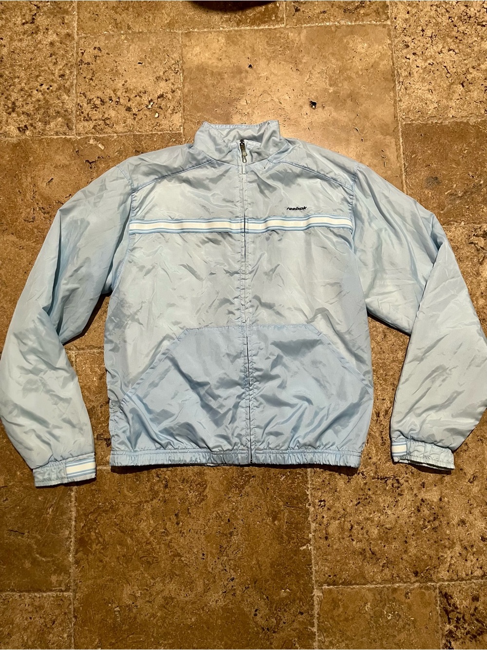 Vintage Reebok Baby Blue Striped Track Jacket Y2K Windbreaker